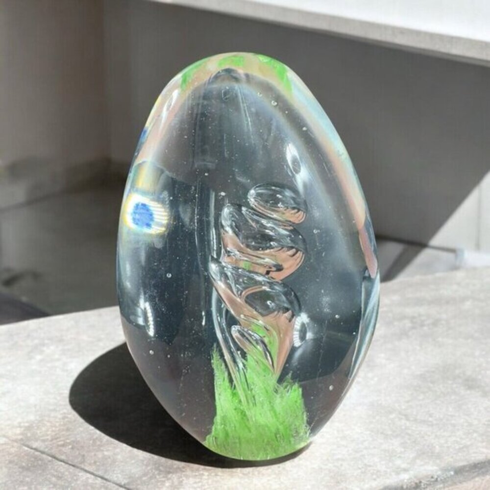 Vintage 1980s Egg Shaped Glass Paperweight Figurine Air Bubble Swirl Glass Decor